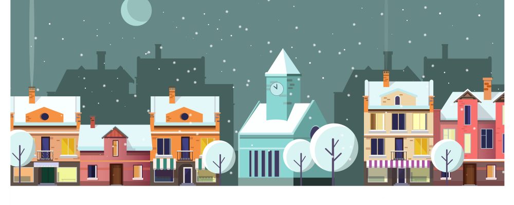 Winter night townscape with houses and moon vector illustration. Night town scene. Night townscape concept. For websites, wallpapers, posters or banners.